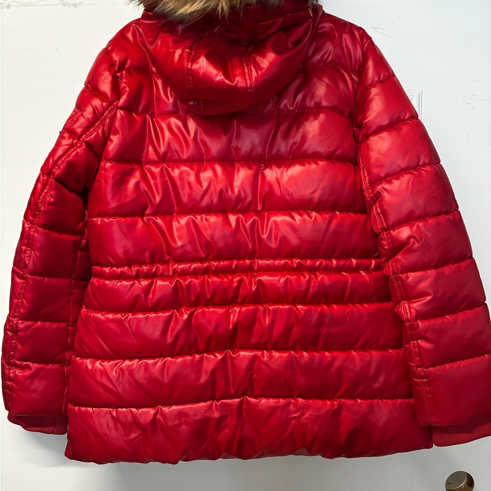 Guess Red Puffer Jacket with Faux Fur Hood - Picture 2 of 7